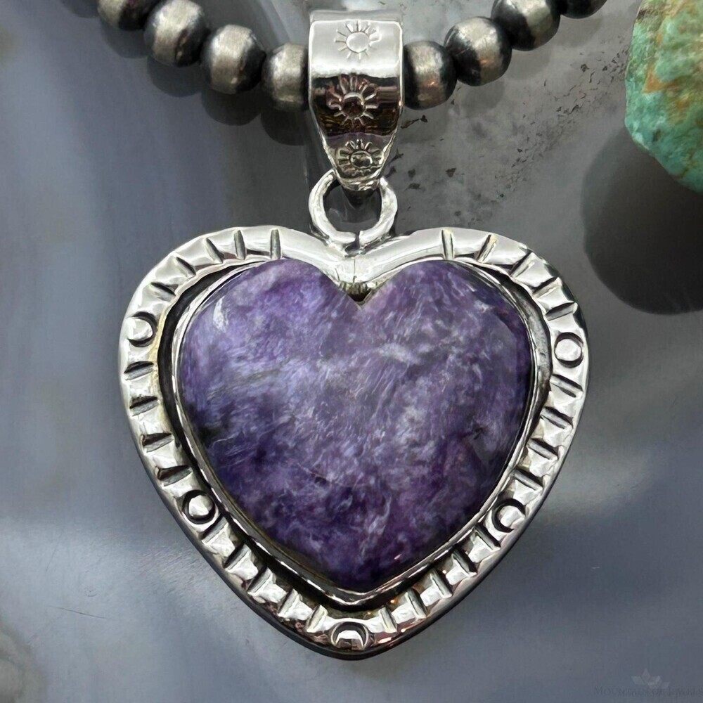 Sterling Silver Southwestern Style Charoite Decorated Heart Pendant For Women #2